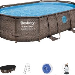 Bestway 56946 Piscine Power Steel? Swim Vista ovale 488 x 305 x 107 cm motif rotin avec hublots, filtration à sable, échelle, bache et diffuseur Chemconnect?