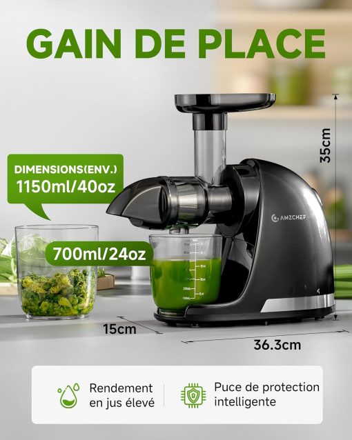 AMZCHEF Extracteur Jus - Extracteur de Jus de Fruits et Légumes - Presses-agrumes à Froid sans BPA avec 2 Tasses et Brosse - Fonction de Mastication Inversée pour éviter les Blocages - Argent - Image 18