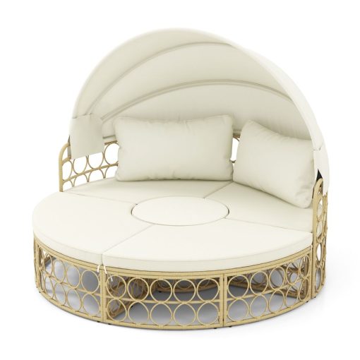 Lit de Repos Rond pour Patio avec Auvent Rétractable Ensemble de Siège Sectionnels Séparés en Rotin PE avec Coussins Doux Blanc - Image 5