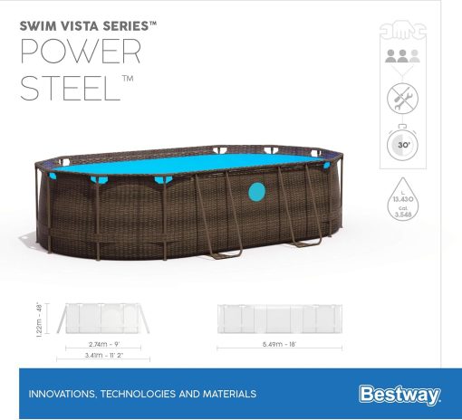 Bestway 56946 Piscine Power Steel? Swim Vista ovale 488 x 305 x 107 cm motif rotin avec hublots, filtration à sable, échelle, bache et diffuseur Chemconnect? - Image 23
