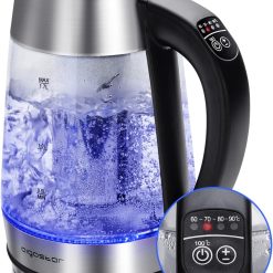 Aigostar Cris - Bouilloire en verre Température Réglable 2200W, 1.7L. Thermostat Réglable (60 à 100oC) et fonction maintien au chaud, Filtre à thé amovible, éclairage LED de couleurs, Sans BPA.