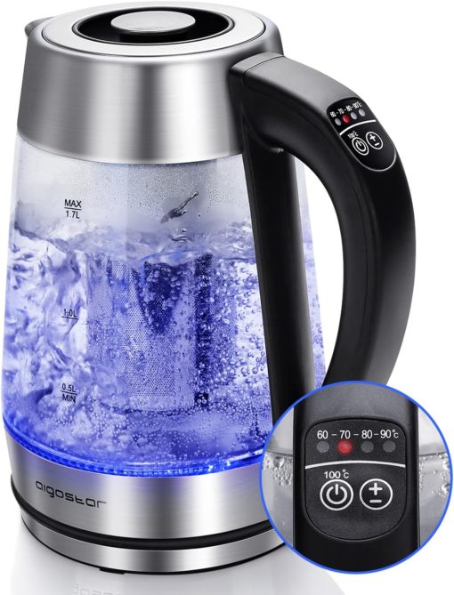 Aigostar Cris - Bouilloire en verre Température Réglable 2200W, 1.7L. Thermostat Réglable (60 à 100oC) et fonction maintien au chaud, Filtre à thé amovible, éclairage LED de couleurs, Sans BPA.