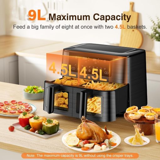 9L Dual Zone Air Fryer avec Fenêtre de Visualisation, Friteuse sans Huile avec 2 Tiroir, 9-in-1 Programmes de Cuisson, écran Tactile, Fonction Rendez-vous, Faible en Grasses, Va au Lave-vaisselle - Image 16