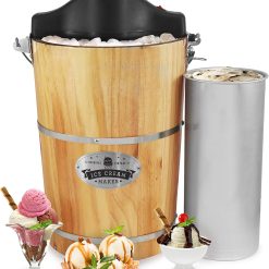 Elite Gourmet EIM916 Sorbetière électrique vintage en bois des Appalaches, 5,7 L, avec manivelle moulée sous pression, préparation de crème glacée avec sel gemme en quelques minutes, pin