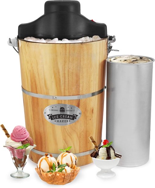 Elite Gourmet EIM916 Sorbetière électrique vintage en bois des Appalaches, 5,7 L, avec manivelle moulée sous pression, préparation de crème glacée avec sel gemme en quelques minutes, pin