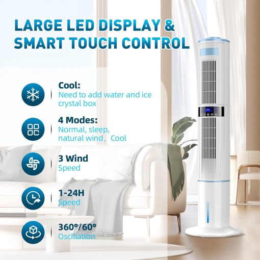 Climatiseur Mobile Silencieux Rafra?chisseur d'air avec Humidificateur, Ventilateur, 2 Sortie d'air, 360°Oscillation, 65W, 24H Minuteries, 3 Vitesses, 4 Modes,Télécommande pour Chambre Bureau - Image 4