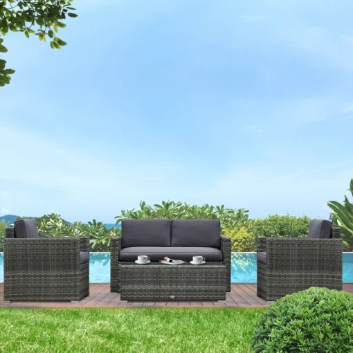 Ensemble de meubles de patio 4 pièces, canapé en osier de rotin, ensemble de luxe pour extérieur, ensemble de meubles de jardin avec coussins pour porche, jardin, balcon au bord de la piscine, gris - Image 2