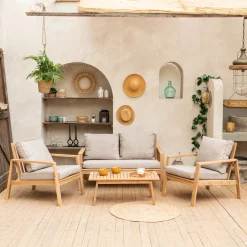 Salon de jardin en acacia 4 places GILI - coussins sable Happy Garden