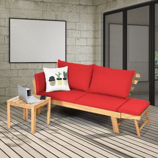 Chaise Longue Convertible avec Coussin Canapé de Jardin 2 en 1 en Bois d’Acacia avec Accoudoir Réglable pour Patio Piscine Jardin Blanc/Gris/Bleu/Rouge - Image 37