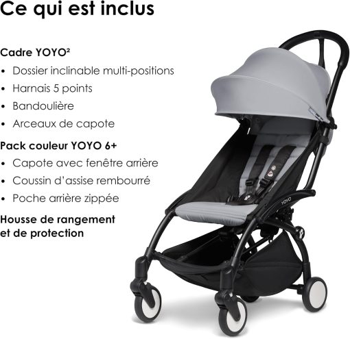 Poussette BABYZEN YOYO2 6+ (Cadre noir + pack couleur Aqua) - Comprend un harnais, un dossier, des arceaux de capote, une bandoulière, un coussin d’assise, et une capote assortie - Image 16