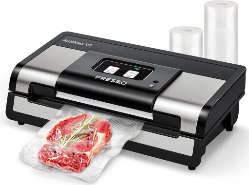 FRESKO Automatic Vacuum Sealer Machine, 140 Watts, Hands-Free Vacuum Machine, Dry/Wet Detection, 2 Roll Bag, Built-in Cutter and Bag Storage (AutoMax V8)