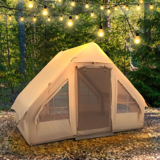 Tente de Camping Gonflable 6 m2 pour 4-6 Personnes Tente en Coton Coupe-vent et Imperméable avec Pompe 7 Fenêtres à Moustiquaire Beige - Image 2