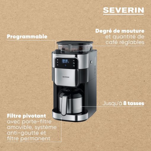 SEVERIN Coffee maker with integrated grinder 1000 W, Programmable coffee machine with timer, Drip coffee maker with 8 cup insulated jug, Black/Stainless steel, KA 4814 - Image 16