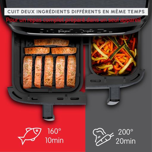 Moulinex air fryer two compartments, large capacity 8.3L, 8 people, 7 automatic programs, oil-free fryer, digital touch screen, Dual essential stainless steel, EZ901820, Black - Image 18
