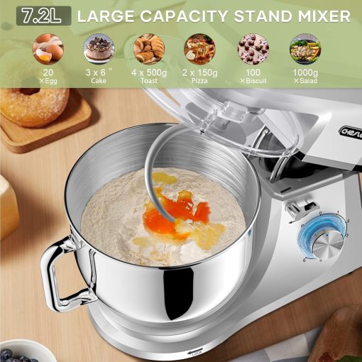 CHeflee 1800W Professional Kitchen Mixer 7.2 Litres Low Noise Multifunctional Kitchen Robot with Whisk, Beater, Hook, Stainless Steel Bowl, 6 Speeds - Image 9
