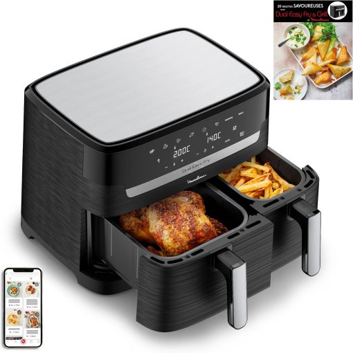 Moulinex air fryer two compartments, large capacity 8.3L, 8 people, 7 automatic programs, oil-free fryer, digital touch screen, Dual essential stainless steel, EZ901820, Black - Image 2