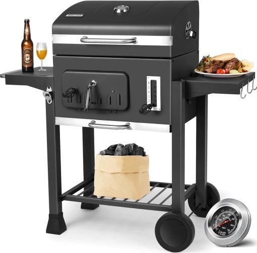 Barbecue Charbon de Bois XL, Chariot à Barbecue, Grill XL à Charbon avec Couvercle, Roues et Thermomètre, Réglable en Hauteur, Grand Barbecue au Charbon de Bois, pour Camping et Jardin, Noir - Image 3