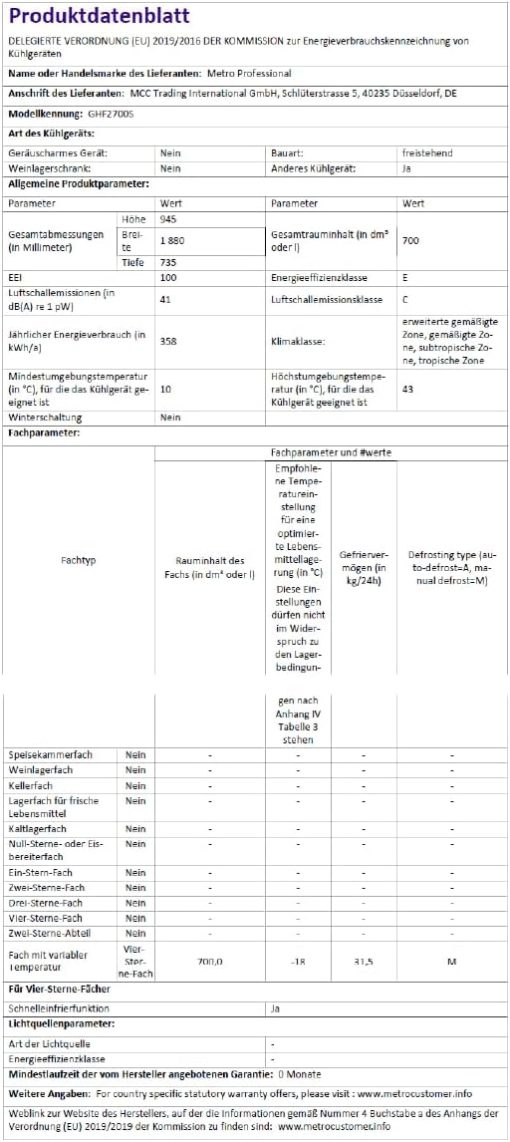 METRO Professional Congélateur bahut GHF2700S, acier, 188 x 73.5 x 94.5 cm, 700 L, 125 W, 3 paniers, éclairage LED, avec serrure, blanc/gris - Image 23