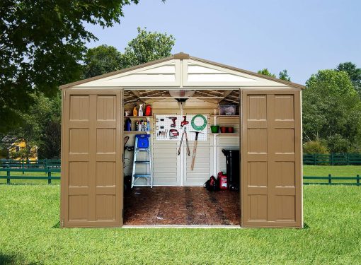 Duramax WoodBridge Plus 10 x 8 (7.64 m2) Abri de jardin en plastique avec 1 fenêtre fixe et kit de fondation en métal, structure de toit en métal robuste et abri de jardin sans entretien - Ivory/Brown - Image 4