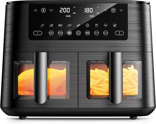 9L Dual Zone Air Fryer avec Fenêtre de Visualisation, Friteuse sans Huile avec 2 Tiroir, 9-in-1 Programmes de Cuisson, écran Tactile, Fonction Rendez-vous, Faible en Grasses, Va au Lave-vaisselle - Image 3