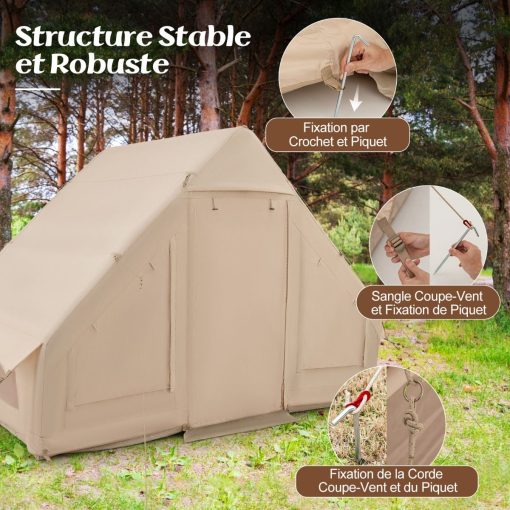 Tente de Camping Gonflable 6 m2 pour 4-6 Personnes Tente en Coton Coupe-vent et Imperméable avec Pompe 7 Fenêtres à Moustiquaire Beige - Image 5