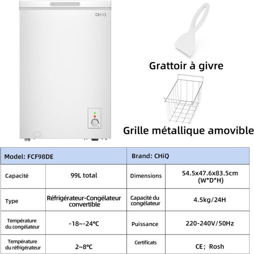 Congélateur coffre CHiQ 142L, 63,5 x 55,6 x 83,5cm, Congélateur Inverter, Affichage de la température extérieure, Mode de congélation rapide -32℃, Grille métallique,Faible bruit - Image 11