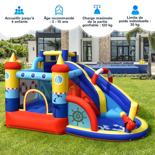 Chateau Gonflable Style Bateau avec Toboggan Incurvé Zone de Saut Mur d'Escalade avec Gonfleur 450 W - Image 8