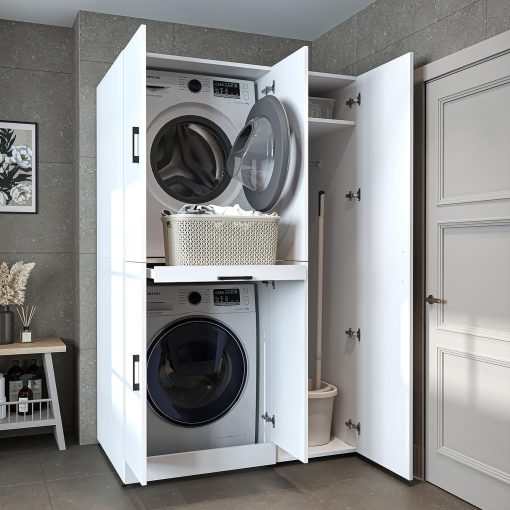 ROOMART Dora - Armoire de machine à laver - Pour sèche-linge et machine à laver - En 4 couleurs - Avec portes et panneau coulissant - Blanc - Chêne blanc - Chêne anthracite - Chêne blanc (chêne blanc) - Image 2