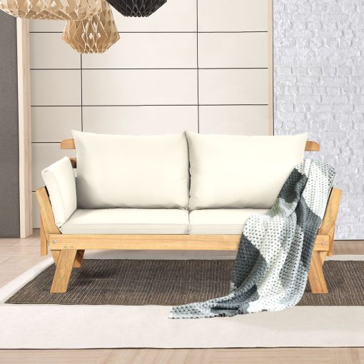 Chaise Longue Convertible avec Coussin Canapé de Jardin 2 en 1 en Bois d’Acacia avec Accoudoir Réglable pour Patio Piscine Jardin Blanc/Gris/Bleu/Rouge - Image 8
