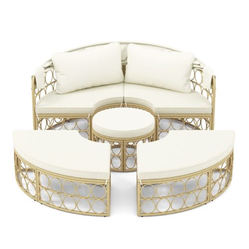 Lit de Repos Rond pour Patio avec Auvent Rétractable Ensemble de Siège Sectionnels Séparés en Rotin PE avec Coussins Doux Blanc - Image 6