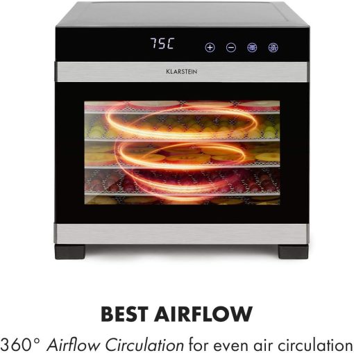 Klarstein Flavour Dry Dehydrator, 6 Trays for Drying Food, Adjustable Temperature from 35 to 75 °C, Even Heat Distribution, LCD Touch Screen, Timer 30 Minutes – 24 Hours, Black - Image 4