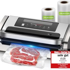 Bonsenkitchen Machine Sous Vide Alimentaire, Puissante et Silencieuse, Technologie Globefish pour un Travail Continu, Conception avec Poignée Verrouillée, Cutter Intégré, 2 Rouleaux de sacs inclus