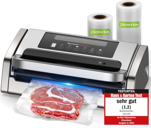 Bonsenkitchen Powerful and Quiet Food Vacuum Sealer with Globefish Technology for Continuous Work, Locked Handle Design, Integrated Cutter, 2 Rolls of Bags Included