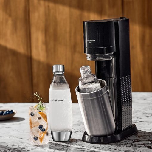 Sodastream Duo Sparkling Water and Soda Machine for Glass Jug | Pack of 1 Glass Jug 1L + 1 Bottle 1L Stainless Steel Finish Dishwasher + 1 60L Gas Refill Clip | Black - Image 2