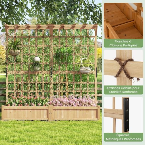 Jardinière avec 2 Treillis 2 Bacs Toit Suspendu en Bois Lit de Jardin Surélevé avec 4 Trous de Drainage 180 x 48 x 183 cm Orange - Image 5