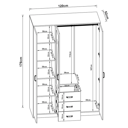 Armoire de chambre garde-robe moderne meuble de rangement intemporel 5 étagères 3 tiroirs + miroir MDF 176 x 120 x 52 cm effet chêne sonoma 03_0006369 - Image 3