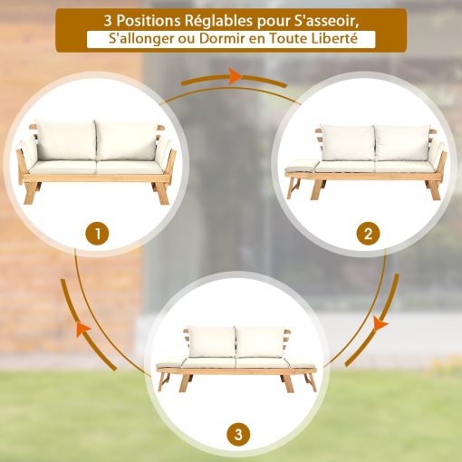 Chaise Longue Convertible avec Coussin Canapé de Jardin 2 en 1 en Bois d’Acacia avec Accoudoir Réglable pour Patio Piscine Jardin Blanc/Gris/Bleu/Rouge - Image 13