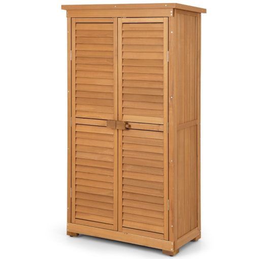 Abri de Jardin En Bois 160 Cm Toit en Asphalte 2 Portes Verrouillables avec Loquet Armoire Cabane en Sapin Pré-Huilé Imperméable 3 étagères Amovibles Naturel - Image 5