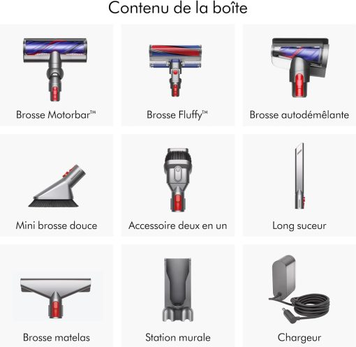 Dyson V8 Advanced? Aspirateur Balai sans Fil – 130 AW, 40 Min d’autonomie, Brosse Motorbar Auto-démêlante, Accessoires combinés, Station Murale, Argent/Nickel - Image 16