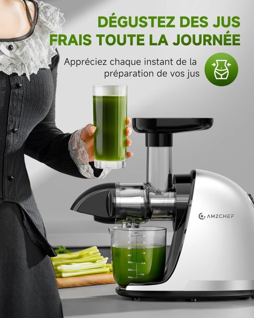 AMZCHEF Extracteur Jus - Extracteur de Jus de Fruits et Légumes - Presses-agrumes à Froid sans BPA avec 2 Tasses et Brosse - Fonction de Mastication Inversée pour éviter les Blocages - Argent - Image 15