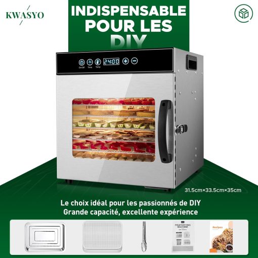 Kwasyo Food Dehydrator, 10 Trays ? Desiccator with Timer (24H) ? Fruit and Vegetable Dehydrator Adjustable Temperature (30 to 90°C) + 1 x Recipe Book - Image 5