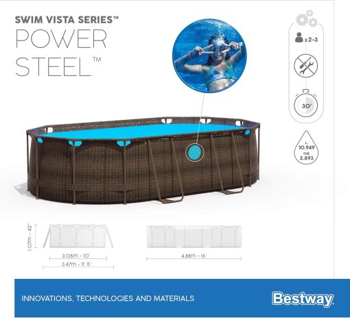 Bestway 56946 Piscine Power Steel? Swim Vista ovale 488 x 305 x 107 cm motif rotin avec hublots, filtration à sable, échelle, bache et diffuseur Chemconnect? - Image 9