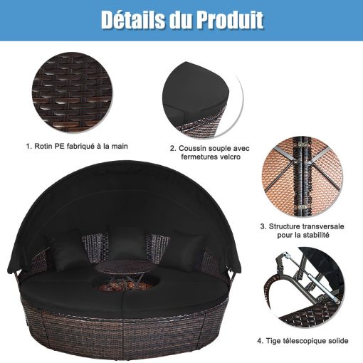 Lit de Jardin Rond d'Exterieur Table Relevable Modulable & Convertible - Pare Soleil Réglable rotin PE Coussins Inclus  Noir - Image 9