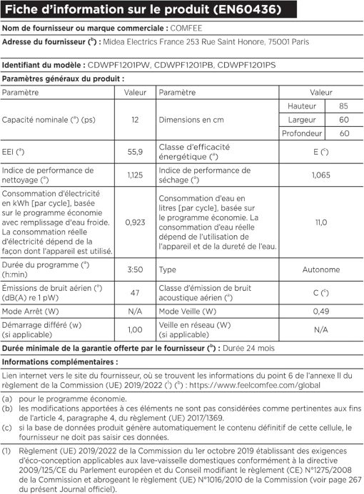 COMFEE’ CDWPF1201PS | Lave-vaisselle Pose Libre 12 Couverts - Image 9