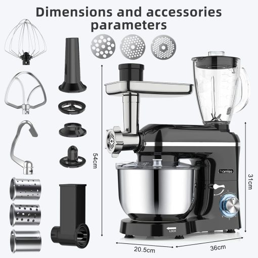 Homlee 3 en 1 Robot Patissier,1800W Robot Cuisine Multifonctions,avec Hachoir à viande,1,5 L Extracteur de jus,Kit pour Saucisses,3 Plaques de Broyage,5.5L Bol d'Acier Inoxydable (Argent) - Image 10
