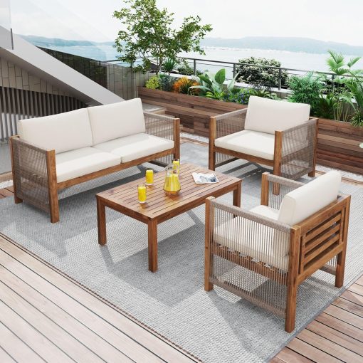 Zepneiy Salon de Jardin, Salon de Jardin 4 Personnes, avec canapé, Table Basse et Coussins, Housse en Tissu déhoussable et Lavable, Noir (Coussins d'assise Inclus) - Image 14