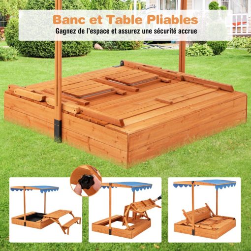 Bac à Sable en Bois pour Enfants avec Couvercle Aire de Jeux avec Table Sensorielle Pliable & Banc Parasol Ajustable pour 3+ Ans Naturel - Image 7