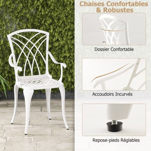 5 Pcs Salon de Jardin en Fonte d'Aluminium Trou pour Parasol Repose-pieds Réglables Ensemble de Table Ronde et 4 Chaises Blanc - Image 4