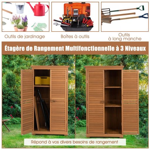 Abri de Jardin En Bois 160 Cm Toit en Asphalte 2 Portes Verrouillables avec Loquet Armoire Cabane en Sapin Pré-Huilé Imperméable 3 étagères Amovibles Naturel - Image 8