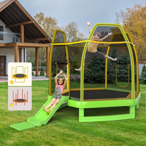 Trampoline Extérieur ? 223cm avec Toboggan&Echelle avec Filet de Sécurité 2 Portes en U Charge 270kg pour 2-3 Enfants de 3 Ans+ Bleu/Vert - Image 3